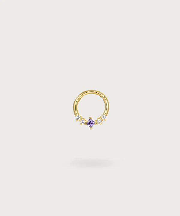 Earlobe piercing hoop with white and violet zircons for the Helix
