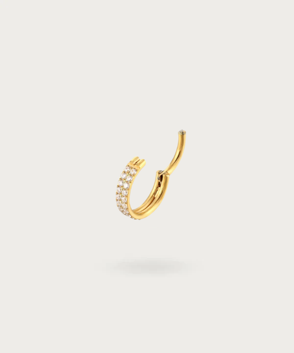 Overview of the silver Double Hoop Forward Helix Piercing