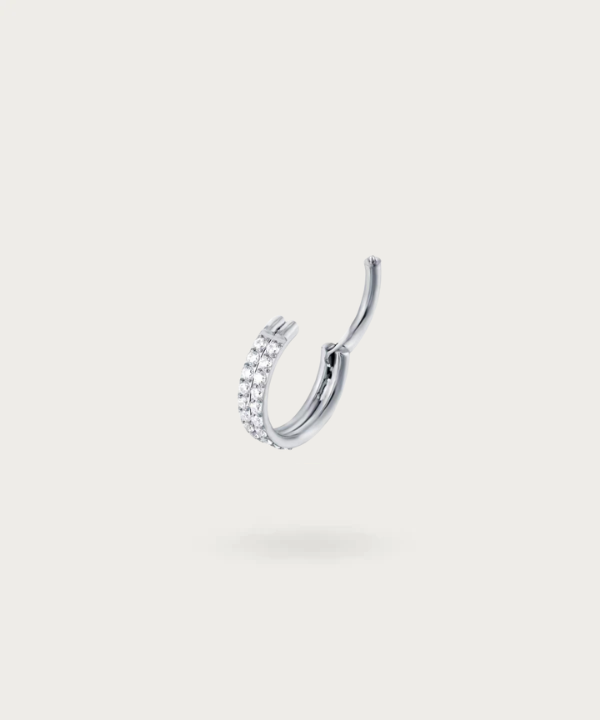 Overview of the Double Hoop Forward Helix Piercing worn by a woman