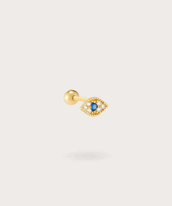 "Earlobe Eye Piercing in gold finish on a white background"