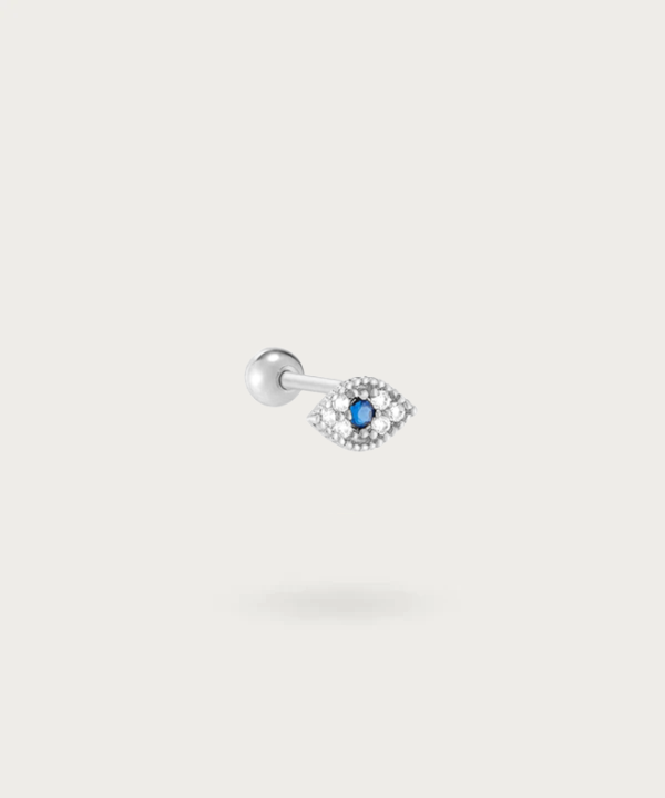"Earlobe Eye Piercing in silver finish on a white background"