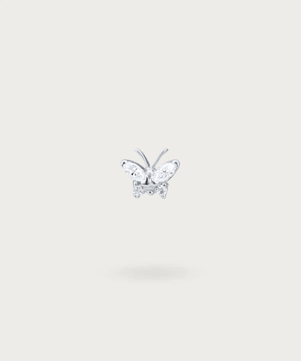 "Close-up view of the silver Butterfly Tragus Piercing."