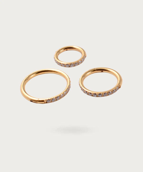 "Different sizes of Titanium Rook Hoop Piercing on a different white background"