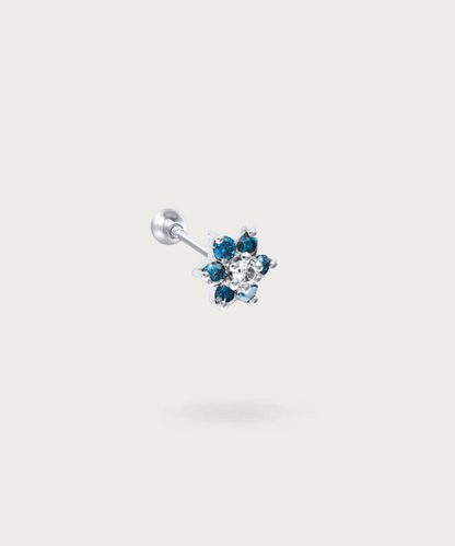 "Helix Flower and Zircons Piercing in silver on white background"