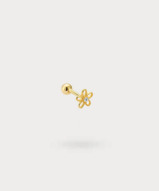 Close-up view of the Forward Helix Piercing with flower motif, highlighting its detailed gold floral design