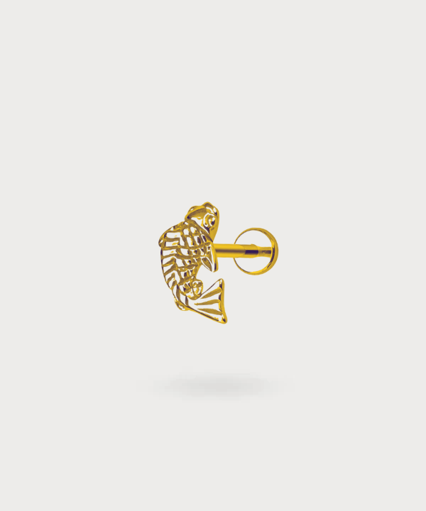 Irune helix piercing in the shape of an intricately engraved fish, gold finish