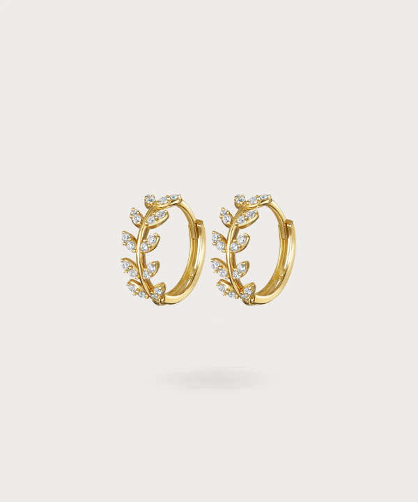 Gold-plated laurel leaf-shaped zirconia hoops