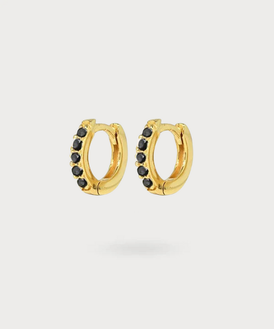 Close-up view of the Gold Ring Rook Piercing with Black Zircons