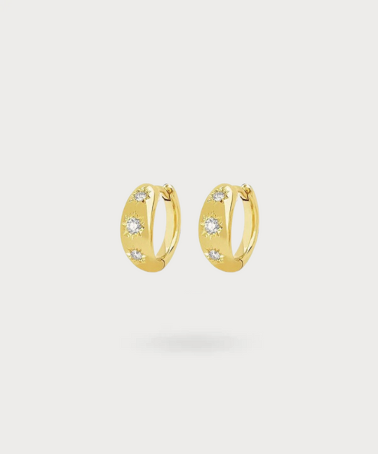 "Close-up of the Laia earrings with 18k gold-plated finish, revealing the beauty of the zircons"