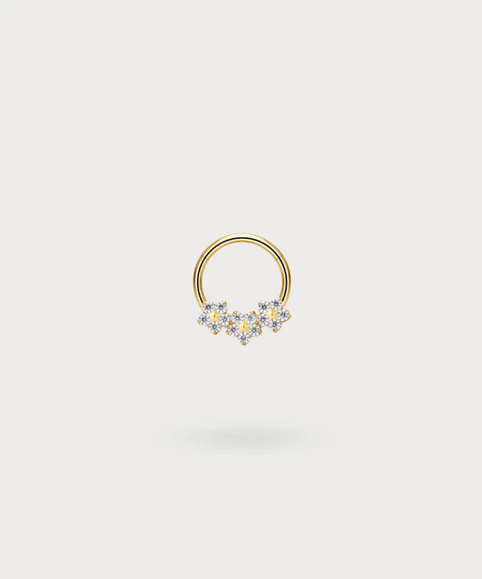 "Olaya Piercing Ring in titanium with a golden finish, decorated with flowers and bright zircons."