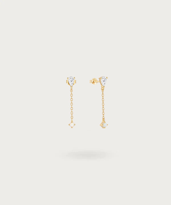 Long Earrings with Zirconia and Opal gold color