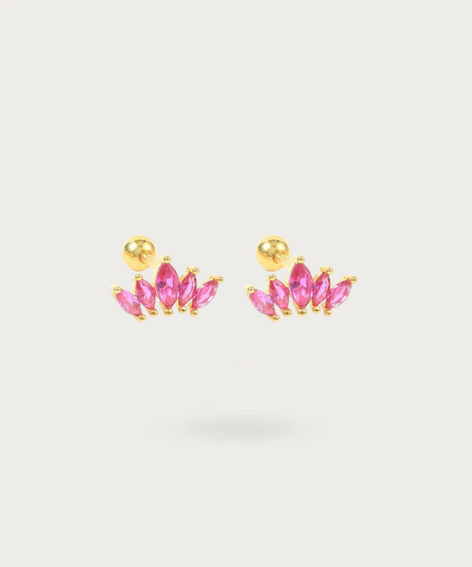 Alice Earrings with pink cubic zirconia, showcasing their unique design and shiny finish.