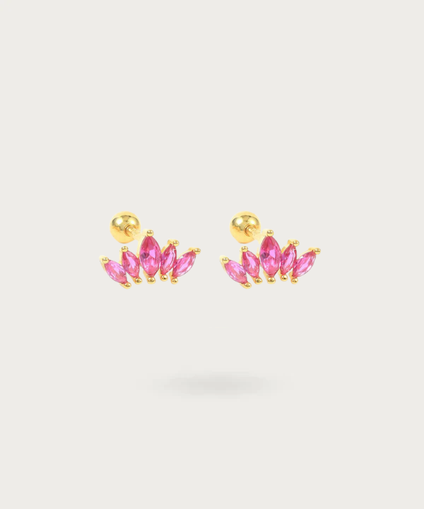 Alice gold and pink earrings with cubic zirconia, highlighting their unique charm and shiny finish.