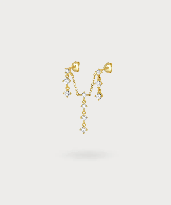 Oihana double earlobe piercing in gold with chain and zircons