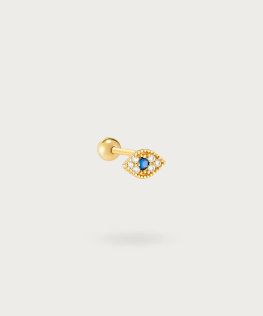 "Flat Eye Piercing in gold finish on a white background"