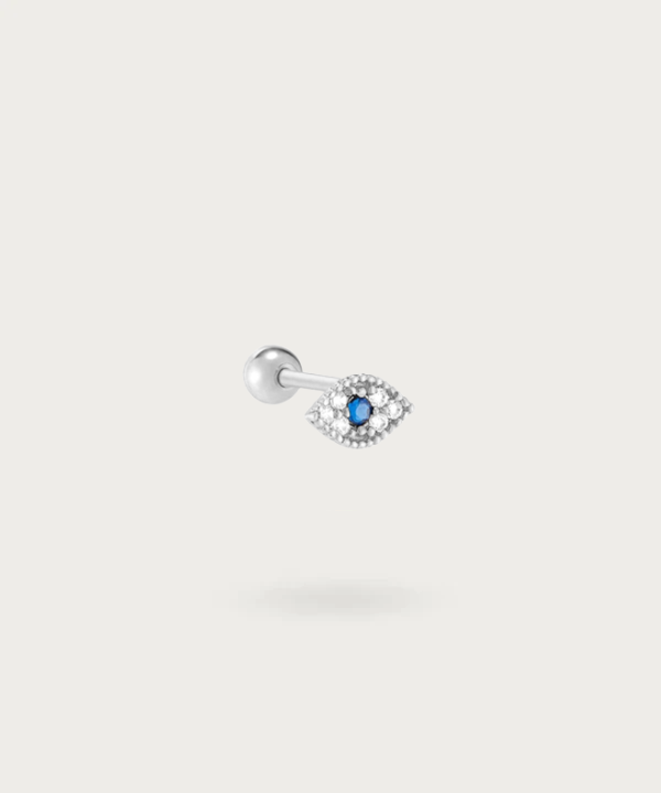 "Tragus Eye Piercing in silver finish on a white background"