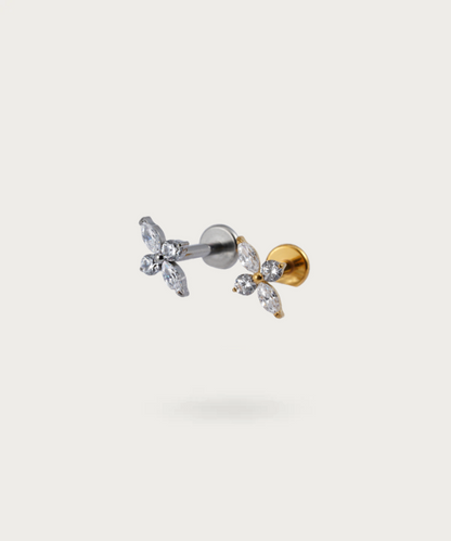 Close-up of the Helix Flower Piercing, showing its high-quality titanium finish.